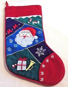 Samt Weihnachtsstrumpf BESTICKT WEIHNACHTSMANN - vorne Satin hinten 17 Zoll Vintage - Bild 1 von 6