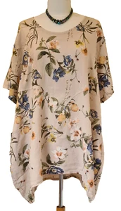 Made In Italy Tunic Top beige Floral Linen with Pockets One Size Plus UK 16-20 - Picture 1 of 16