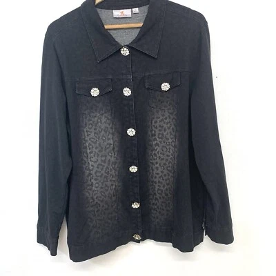 Quacker Factory Jacket XL Black Leopard Animal Print Sparkle Buttons  FLAW - Image 1 of 4
