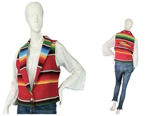 SERAPE GIRL Handmade Red Blanket Vest w/ Concho Reversible Guadalupe Image Sz S - Picture 1 of 11