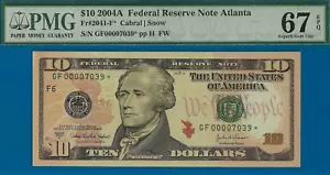 2004A $10 FRN Atlanta star PMG 67EPQ 3rd finest Fr 2309-F* low serial 00007039* - Picture 1 of 3