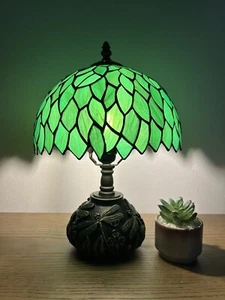 Tiffany Style Table Lamp Green Leaves Stained Glass Included LED Bulb H14”W10" - Picture 1 of 4