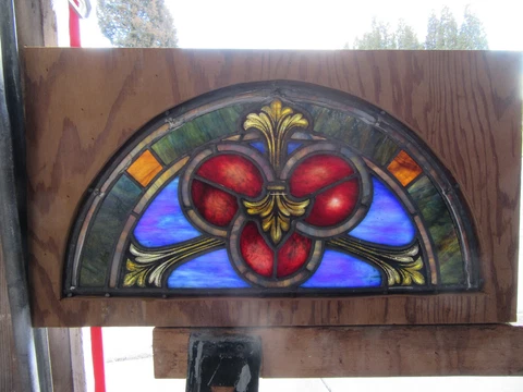 ~ ANTIQUE STAINED GLASS TRANSOM WINDOW PAINTED KILN FIRED 3/3~ 25 x 14 ~ SALVAGE Cover