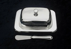 Butterdose mit Buttermesser versilbert innen Glaseinsatz für 250 g Butter - neu - Bild 1 von 1