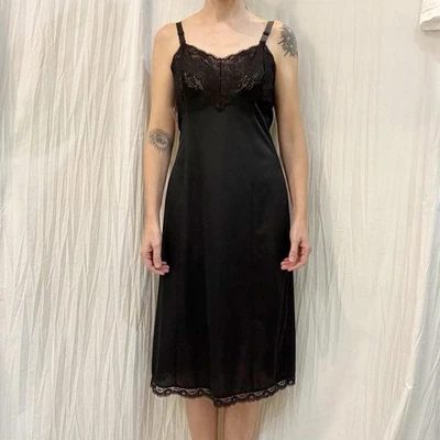 Black Lace Slip Dress Chemise Vintage 1970s Size 36/S New With Tags NWT - Image 1 of 4