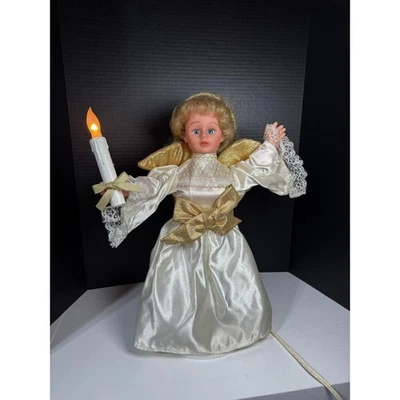 Muñeca ángel iluminada animada vela halo dorado blanco satinado vestido decoloraciones Foto 1 de 4
