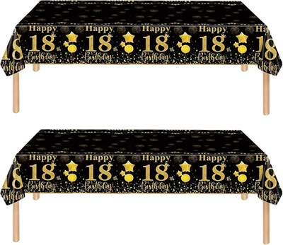 2Pcs Black Gold Happy 18Th Birthday Table Cloth Cover Party for Boys,Girls,137*2 - Image 1 of 4