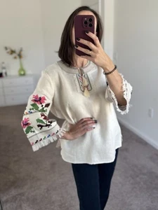 Ivory Ethnic Boho Blouse With Floral Embroidery Linen Size XL - Picture 1 of 16