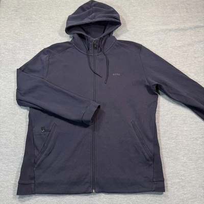 Moletom com capuz Hugo Boss flácido curvo com zíper masculino GG azul marinho zíper completo logotipo peso pesado - Imagem 1 de 4