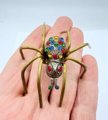 Antique 1920s Gold & Silver Tone & Multi-Color Rhinestone Spider Pin - Image 1 of 4