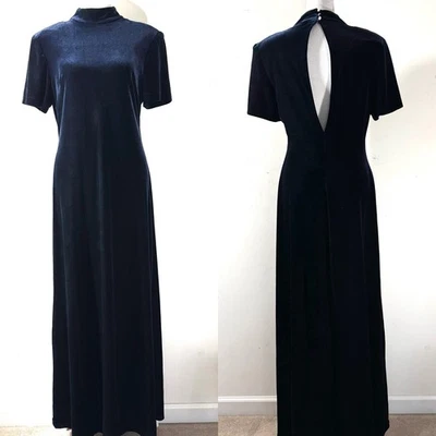 Vintage Bill Levkoff Navy Velvet Maxi Dress Sz 8 Romantic Open Back Holiday - Image 1 of 4