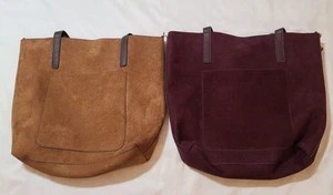 2pk Vegan Suede Tote  Sz Medium Equestrian Collegiate Preppy Purple Brown 15x14  - Picture 1 of 13