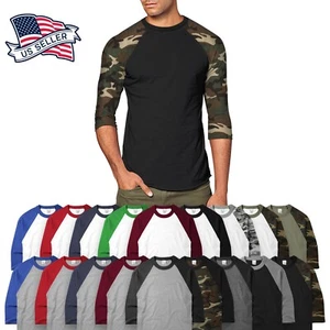 Mens Raglan T Shirts Baseball 3/4 Sleeve CAMO Plain Tee Jersey Team Sports - Picture 1 of 7