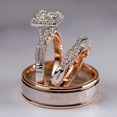 Juego de 3 magníficos anillos para pareja enchapados en oro rosa de 14 k anillo de circón cúbico talla 6-10 Foto 1 de 4