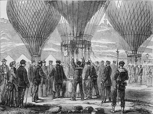 MONTGOLFIÈRE - GAMBETTA quittant TOURS à bord d'un DIRIGEABLE - Gravure du 19e - Picture 1 of 3