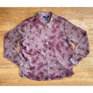 Vintage Leaf Print Blouse Long Sleeve Purple Button Sheer Sleeves Size Large Y2K - Picture 1 of 5