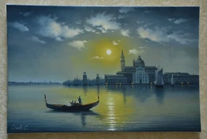 Paesaggio marino dipinto olio su tela,oceano,artista Stoev.S,Venezia di notte - Foto 1 di 12