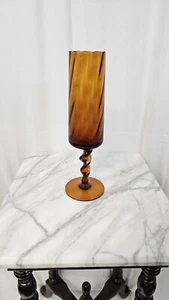 Mcm Empoli Amber Art Glass Paneled Flower Vase Twisted Stem Scallop Italy - Picture 1 of 6