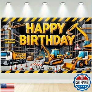 BlissYard Boys Birthday Party Banner Backdrop Construction Excavator Bulldoze - Picture 1 of 5
