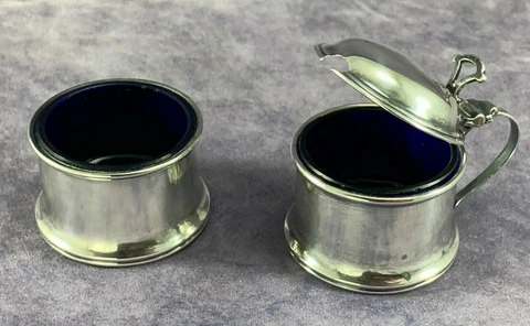 Antique Sterling Silver Salt Cellar & Mustard w Cobalt Liners - Suckling 1921 Cover