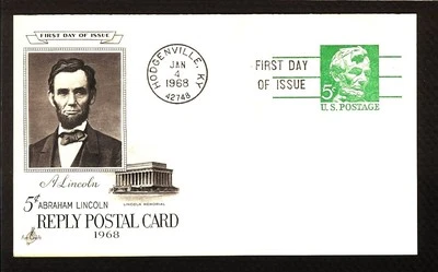 FIRST DAY COVER #UY21 Abraham Lincoln 5c POST & REPLY CARD ARTCRAFT FDC U/A 1968 - Image 1 of 2