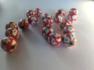 18 x 10mm red/white/green round handmade polymer clay fimo bead hole 2mm. - Image 1 of 4