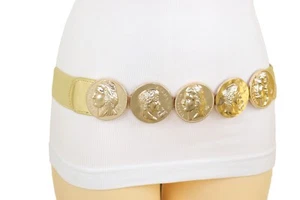 Women Gold Elastic Strap Fashion Belt Metal Greek Coin Medallion Charms Size S M - Picture 1 of 12
