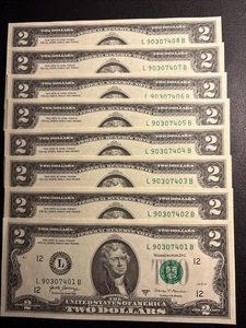 100 Brand New Consecutive $2 Bills! Raised Serial Number Errors On 98 Of The 100 - Picture 1 of 3