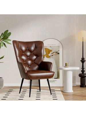 Sillón acolchado Mid Century moderno de terciopelo con respaldo de ala patas de metal Foto 1 de 4