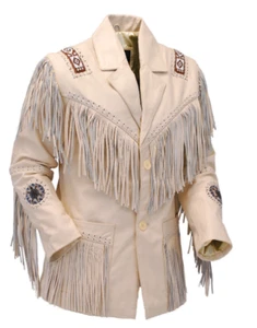 Chaqueta de cuero real nativo americano con cuentas con flecos de vaquero occidental para hombre - Imagen 1 de 4