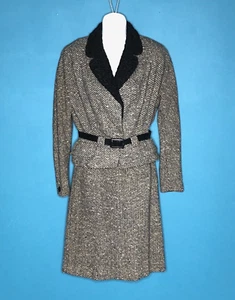 Vtg 40s 50s Hyde Park Body DRUM Wool Tweed Suit Lamb Collar Black Tan Sz S/M - Picture 1 of 23
