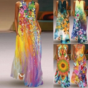 Womens Holiday Boho Maxi Dress Summer BeacH Kaftan Long Dress Sundress Plus Size - Picture 1 of 12