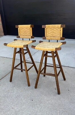 Mid-Century Victor Courtray Style Zebra Wood Woven Swivel Bar Stools - a Pair - Image 1 of 4