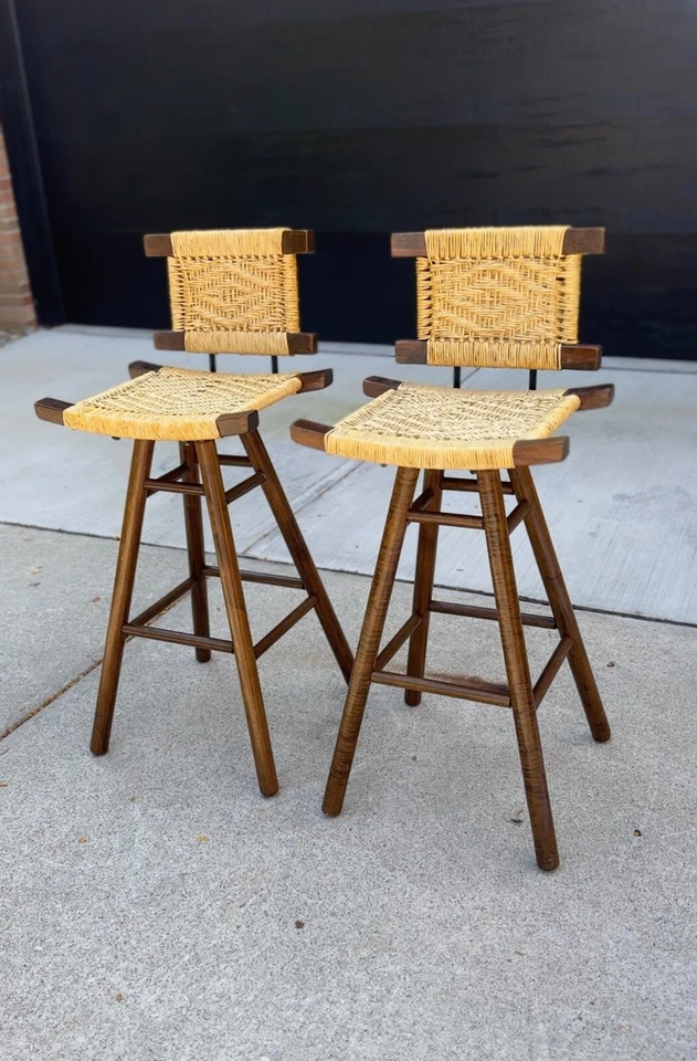 Mid-Century Victor Courtray Style Zebra Wood Woven Swivel Bar Stools - a Pair - Image 1 of 4
