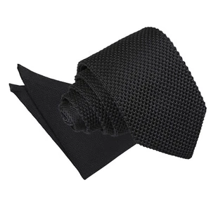 Black Mens Knit Knitted Plain Solid Modern Slim Tie Hanky Set by DQT - Picture 1 of 1