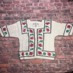 Vintage All Week Long Floral Knit Sweater 90s Short Sleeve Large Cottage Grandma - Picture 1 of 6