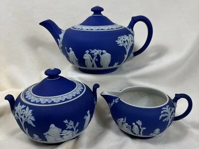 Wedgwood Portland Blue Jasperware Teapot + Creamer & Sugar Vintage / Antique - Image 1 of 4