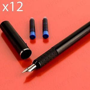 12x FINE TIP FOUNTAIN PEN SET Blue Ink Writing Instrument + Cartridges UK SELLER