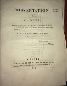 MÉDECINE : DISSERTATION SUR LA RAGE, 1820. - Imagen 1 de 1