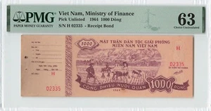 VIETNAM 1000 Dong 1964, Ministry of Finance Receipt Bond, PMG 63 Ch UNC, Scarce - Picture 1 of 2