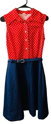 Vestido Mujer Vintage Rojo Blanco Lunares Años 70’s Denim Talla 14 Foto 1 de 4