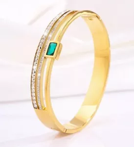 Gorgeous 💕Bangle Green Cubic Zirconia Gold Plated Bracelet Crystal Stainless - Picture 1 of 6