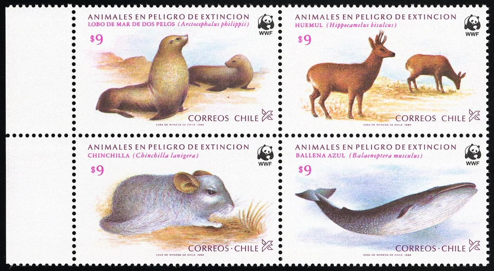 Estampillas de Chile # 679-82 MNH XF WWF bloque de 4 valor Scott $45,00 Foto 1 de 1