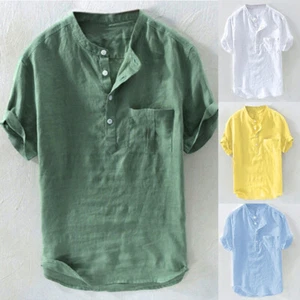 Mens Linen Cotton Short Sleeve Button Up Shirts Chest Pocket Blouse Tops  G _ - Picture 1 of 16