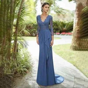 Lace Sheath Mother Of The Bride Dresses Long Sleeves V Neck Beaded Sweep Train - Picture 1 of 12