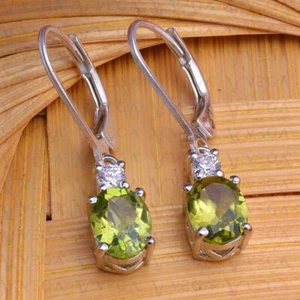 4.10ct Oval Cut Natural Peridot & Diamond Prong Earring 18k White Gold Plated - Picture 1 of 11