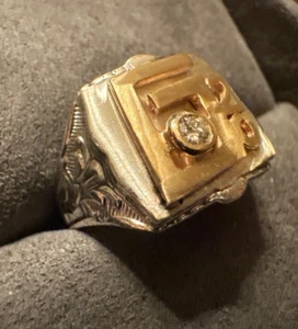 Vintage 14K G20 Bezel Diamond on Antique Sterling Silver Signet Ring - Picture 1 of 5
