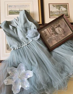 Camilla Ocassional Kleid Mädchen 6-7 Jahre Tüll Baumwolle grün Blumen Perlen ärmellos - Bild 1 von 12