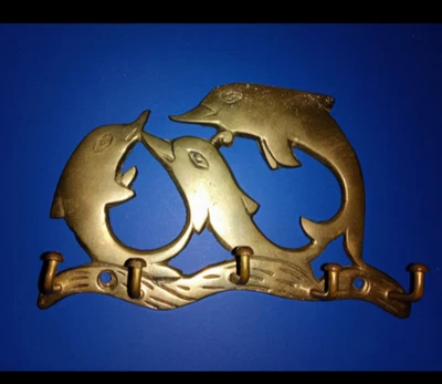 Vintage Solid Brass Dolphin Key Tie Belt Holder Wall Mount with Hooks Organizer  - Image 1 of 3
