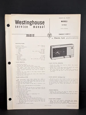 Westinghouse Reloj Radio Manual de Servicio Modelo H-721L5 Chasis V-2401-3 4 Pg Foto 1 de 2